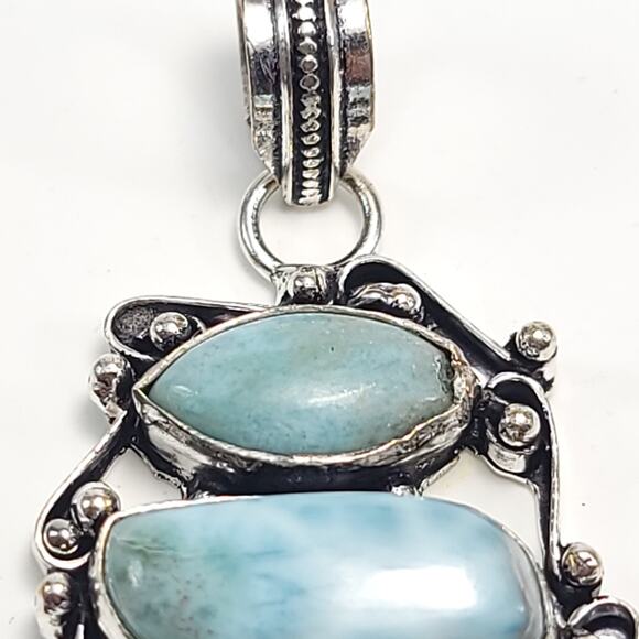Triple Larimar Stone Silver Pendant (2") on 18" Necklace - Picture 4 of 9